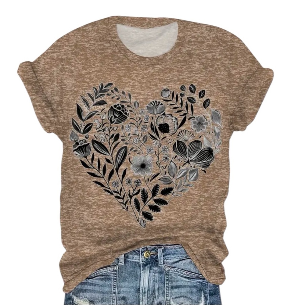 Floral Heart Graphic Top Brown Casual T-Shirt Print Comfy Polyester Crew Neck 2X